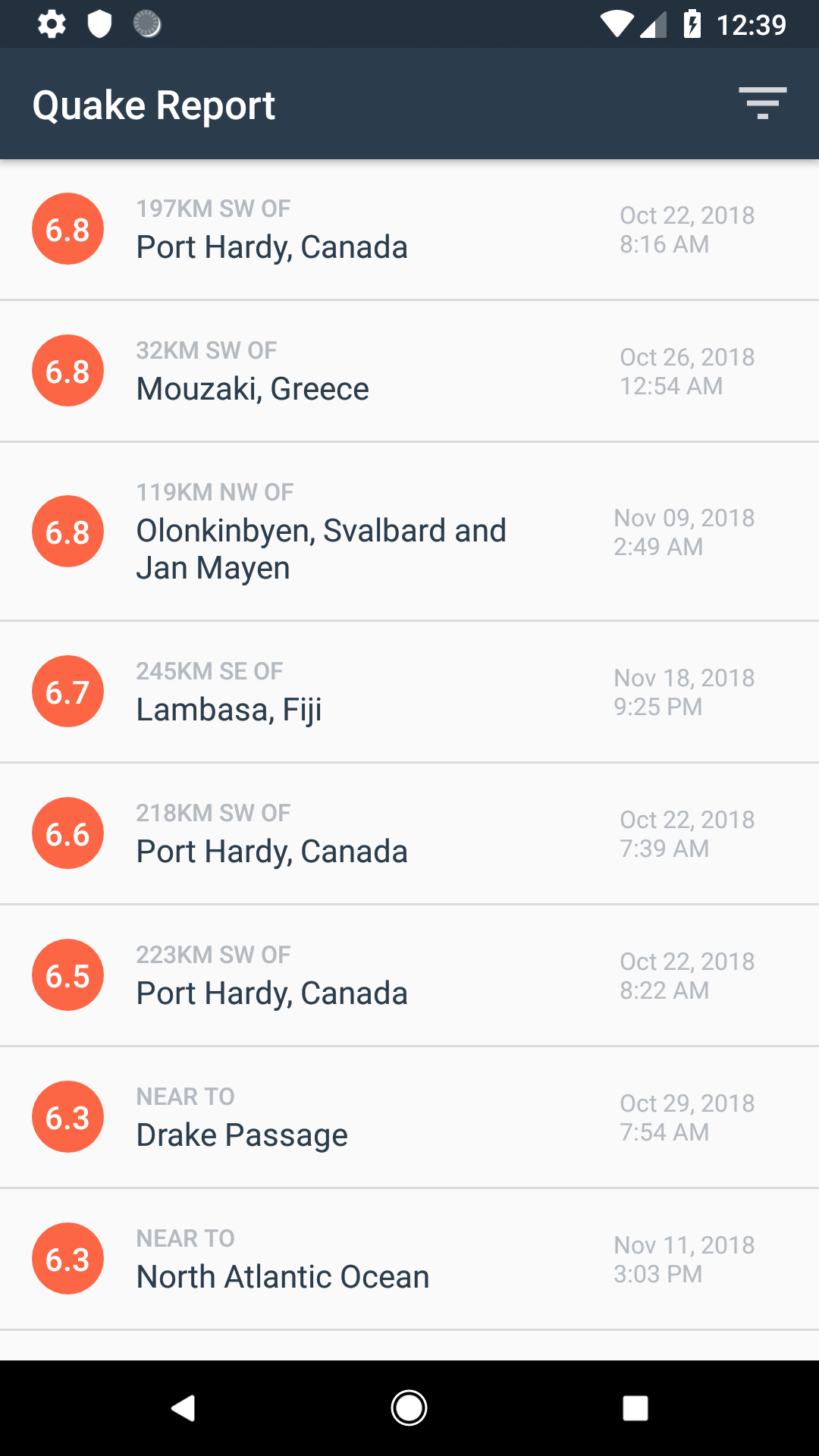 Screenshot from the Quake Report Android app