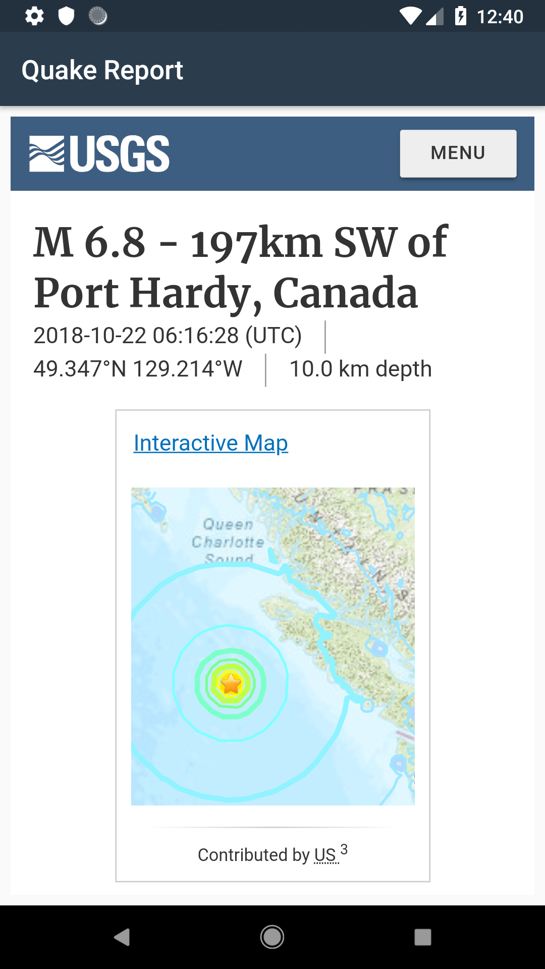 Screenshot from the Quake Report app